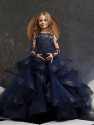 Customized Navy Blue Flower Girl Dress For Wedding Applique Puffy Layered Ruffles Kids Birthday Party First Communion Ball Gowns