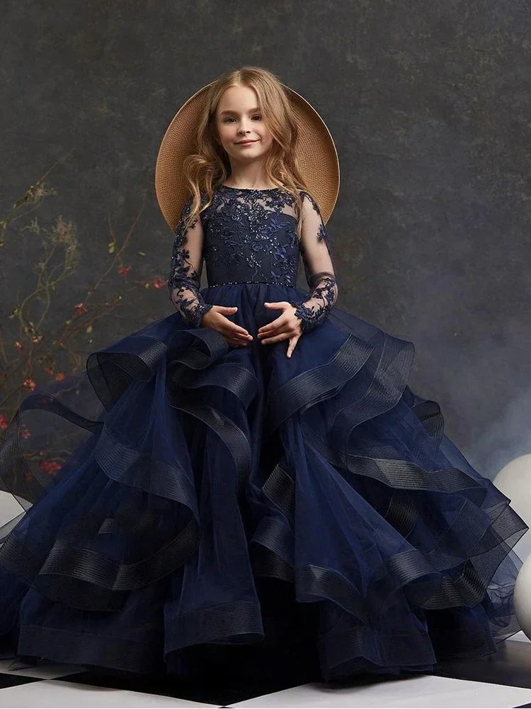 Customized Navy Blue Flower Girl Dress For Wedding Applique Puffy Layered Ruffles Kids Birthday Party First Communion Ball Gowns