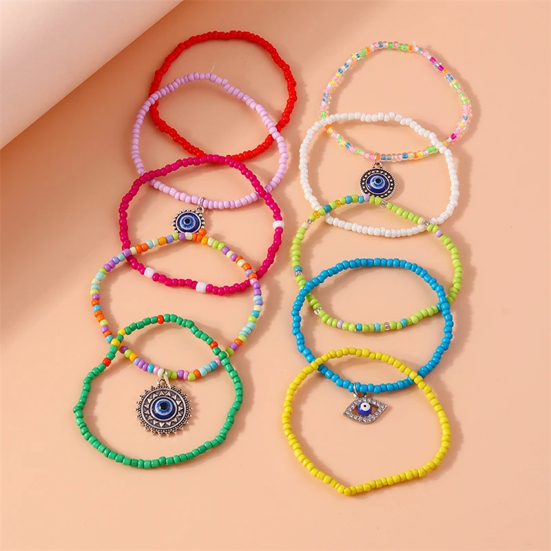 

10Pcs/Set Bohemia Handmade Colorful Beads Bracelets for Women Alloy Evil Eye Bracelets & Bangles Girls Party Jewelry Gifts