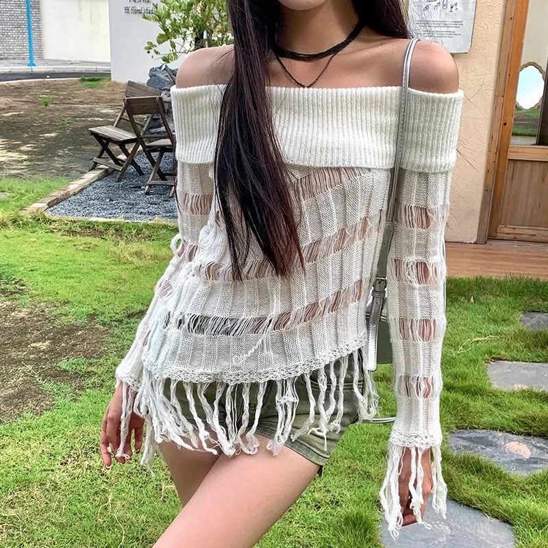 Sexy Lady Top for Autumn Long Sleeve Shoulderless Tassel Hem Hollow Out Knitting Pullovers Sweet Female Irregular Sweater Top