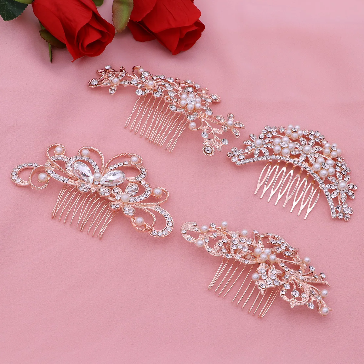 

4pcs Rhinestone Hair Combs Clips for Wedding Party Hairstyles Golden Color Durable Flower Hairpin Comb Elegant