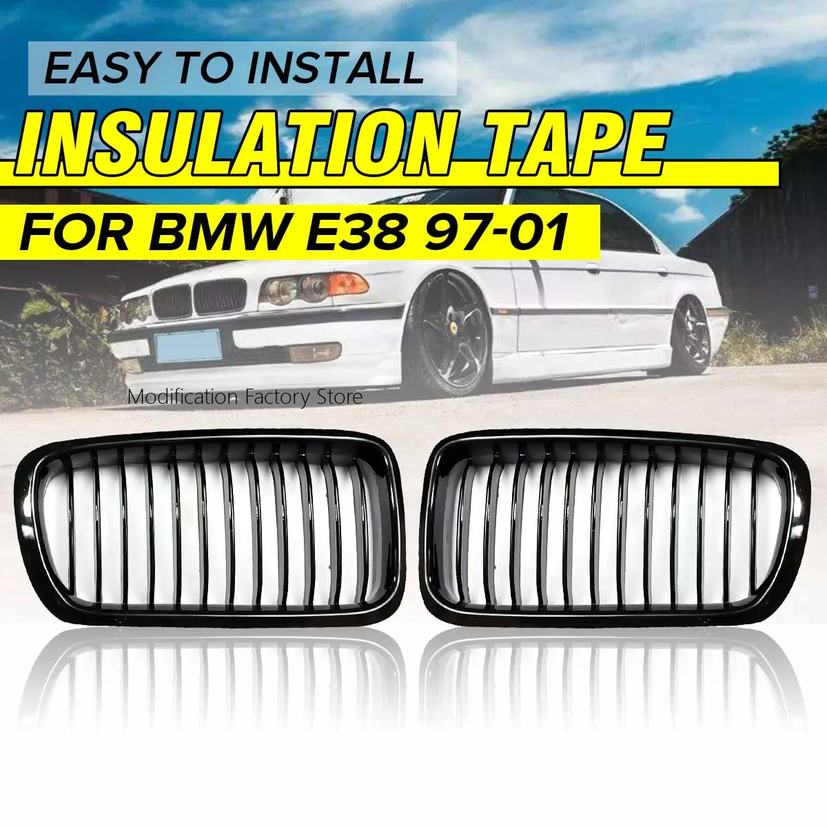 Parachoques delantero brillante, rejilla deportiva E38 para BMW E38 740i 740iL 750iL de 4 puertas 1999-2001, parrilla frontal de repuesto para capó