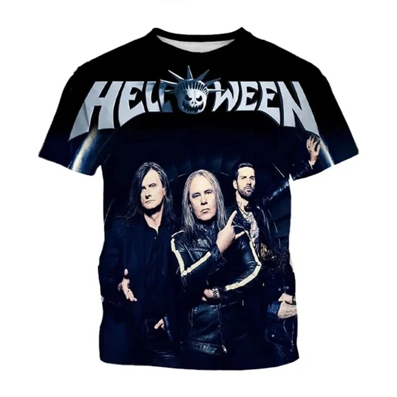 Helloween-camisetas con estampado 3D de banda de Rock para hombres y mujeres, ropa de calle de manga corta de gran tamaño, Camiseta de cuello