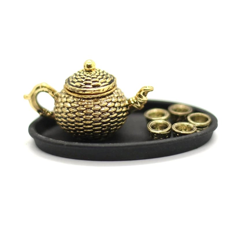 MINI tetera en miniatura para casa de muñecas, juego de 7 piezas, 1/12, con 5 tazas de té, bandeja, muebles, cocina, decoración de casa de muñecas