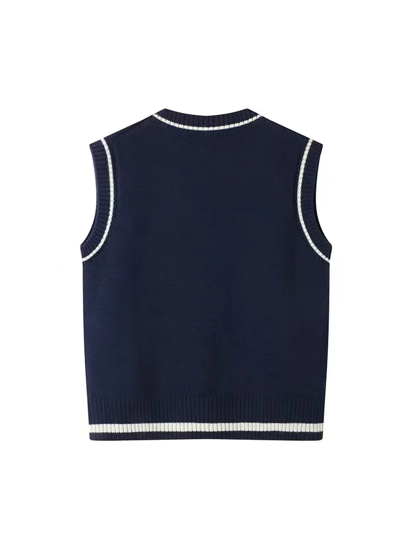 Kids Navy V-Neck Knitted Vest, Spring & Autumn Unisex Boys Girls College Style Sleeveless Sweater with White Trim, Loose Layerin