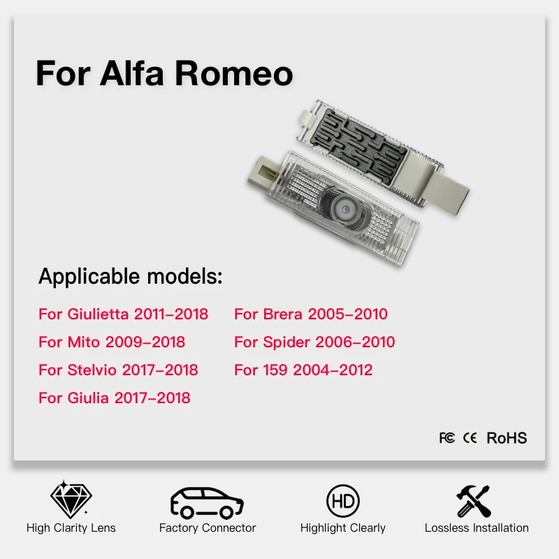 2Pcs For Alfa Romeo Giulia Giulietta Mito Stelvio Brera 159 147 156 166 Car Door Welcome Puddle Light HD LED Logo Projector Lamp