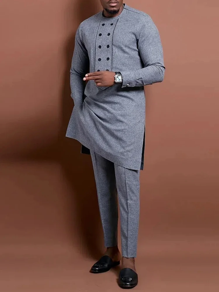 Men\'s fashion casual grey printed long sleeve two-piece set