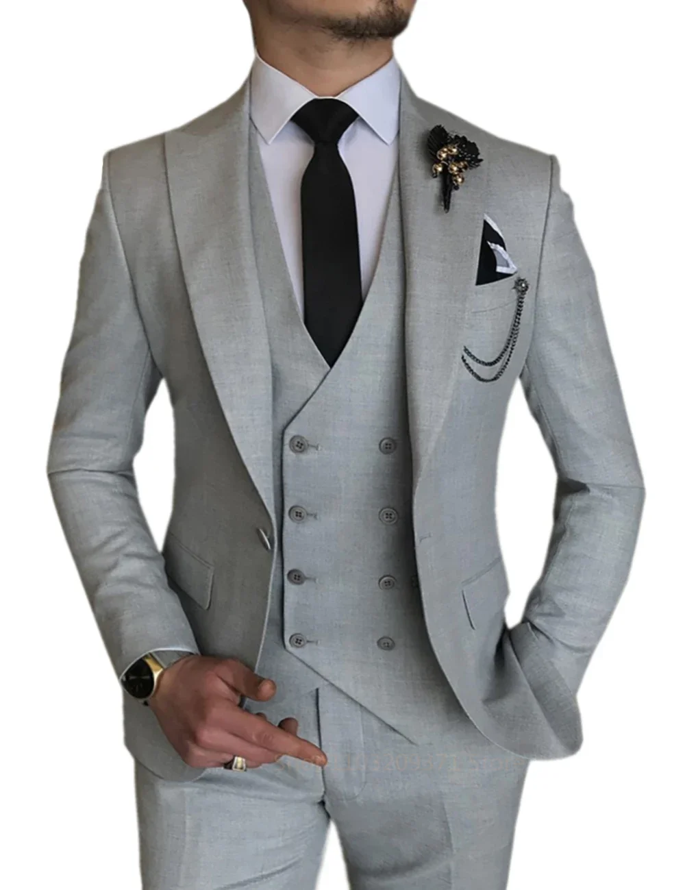 3 Pieces Light Gray  Suits Men Suits  Wedding Wear Business Male Groom Wedding Dress Jacket Vest Pants Set Blazers Coat