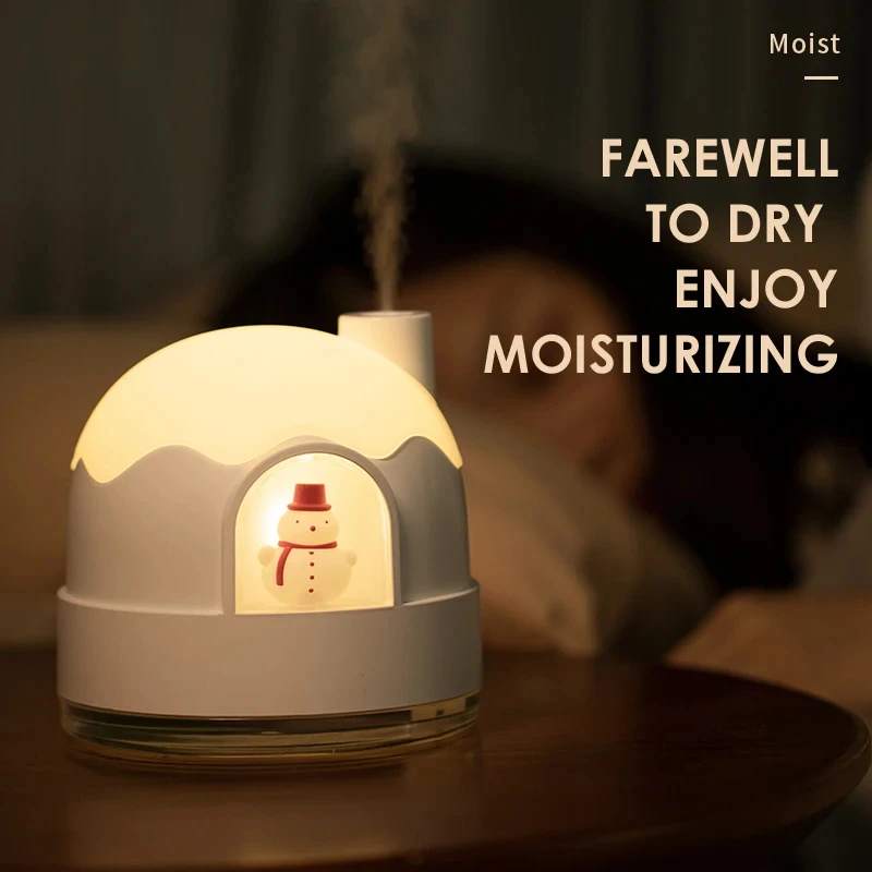 

Cute Snow House Humidifier with Night Light USB Silent Bedroom Snowman Desktop Mini Air Humidifier Home