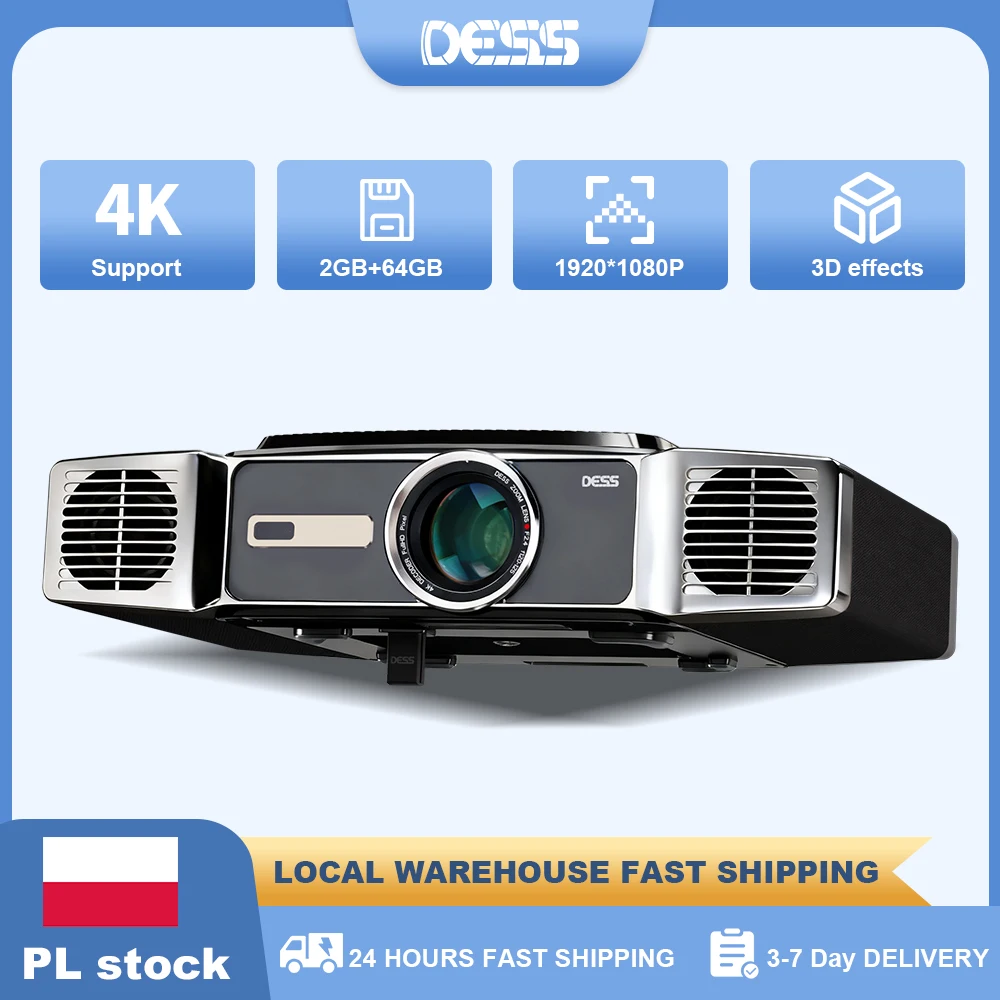 DESS Proiettore 4K Messa a fuoco automatica Doppio WiFi Stabile Latenza zero Home Theater Proiettore Android intelligente per esterni Assistente vocale