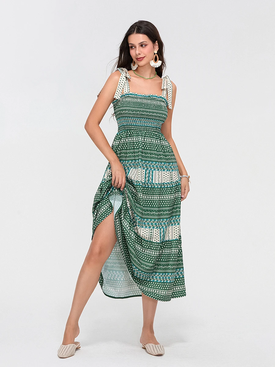 Wsevypo-Vestido largo bohemio para mujer, vestido sin mangas con lazo en los hombros, estampado Floral, Vestido de playa fruncido para fiesta de vacaciones