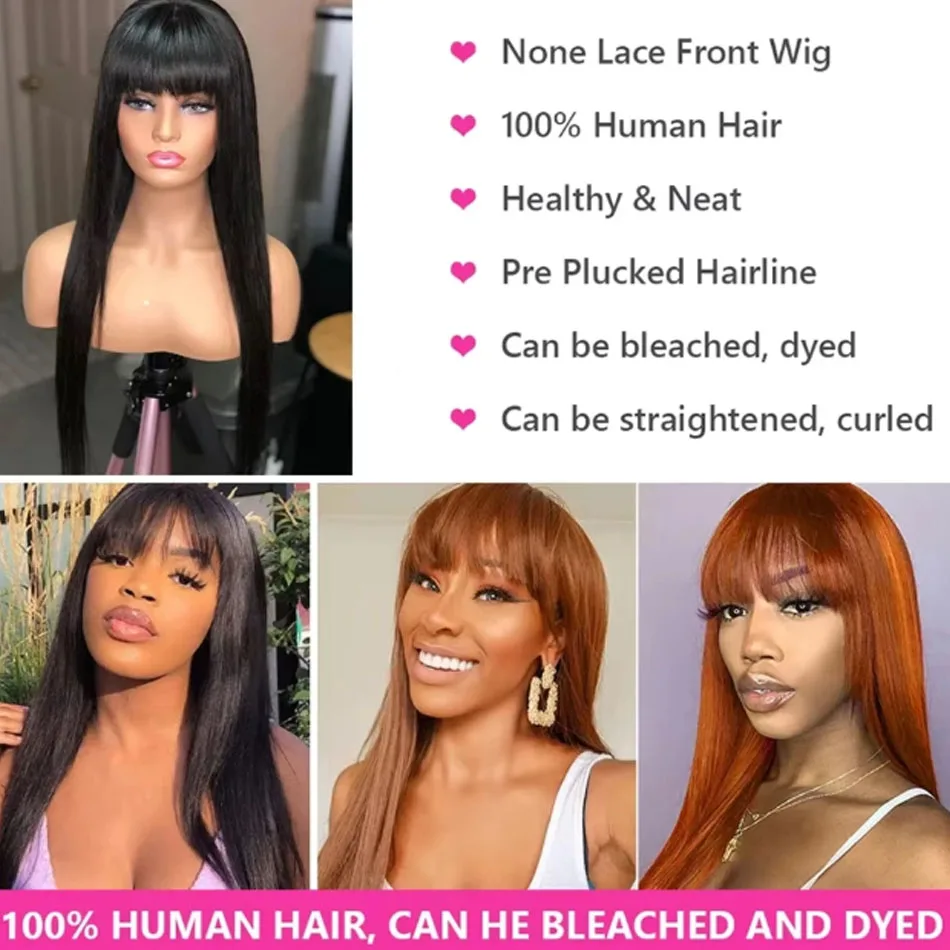 Natural Black Bone Straight Human Hair Wig With Bangs 30Inch Glueless Brazilian 3x1 Lace Wigs Full Machine Made Wig