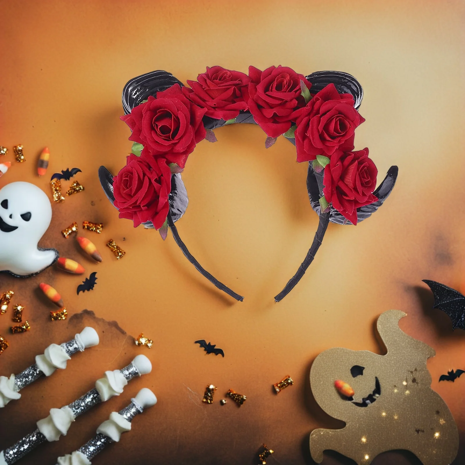 

Artificial Rose Cow Horn Headband Red Flowers Cosplay Women Lightweight Reusable Birthday Christmas Party Halloween Headdress