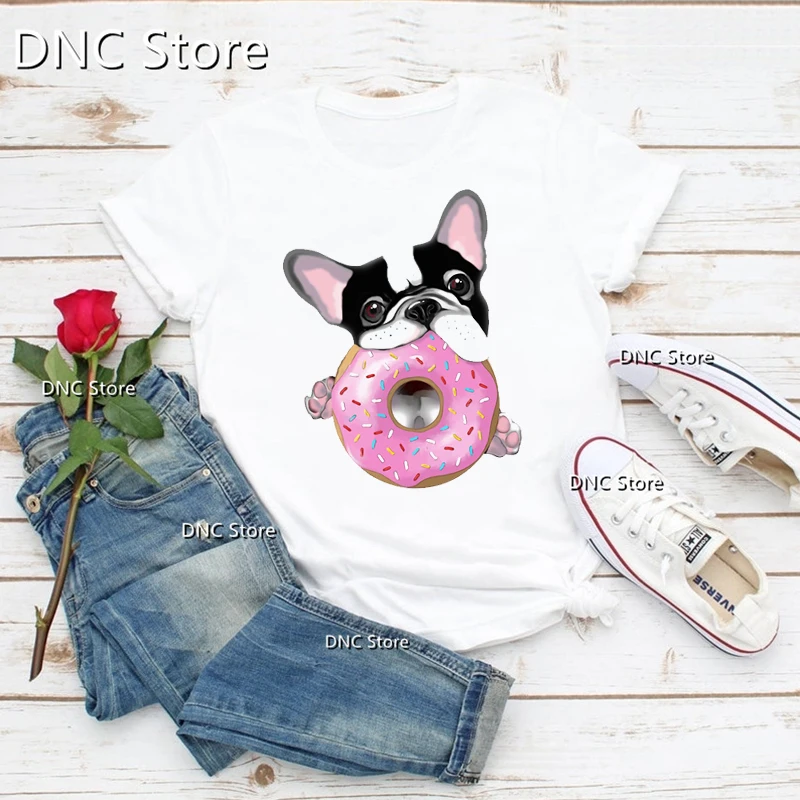 

French Bulldog Lovers, Sweet French Black And White With Pin Donuts Dog Lovers Women Tshirts Summer T-Shirts Femme O Collar Tops