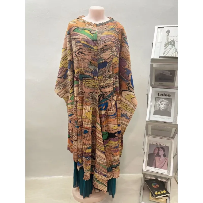 African Plus Size Women's Miyake Pleated Printed Swing Top Bat Sleeve Shawl Wide Leg Straight Pants 2 Piece Middle East Prom view 5