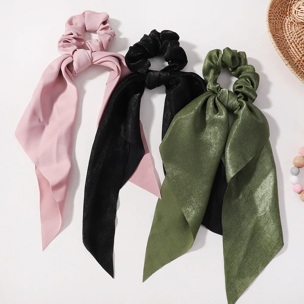 Fashion Solid Color Bow Satin Long Ribbon Ponytail Scarf Hair Tie Scrunchies Women Girls Elastic Hair Bands Hair Accessories