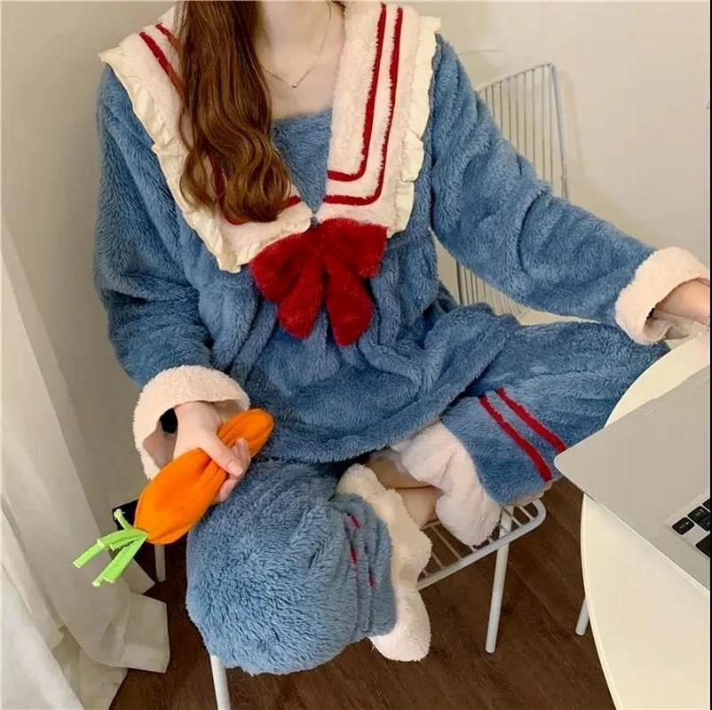 

Пижамные комплекты женские, милые, в японском стиле, Kawaii, одежда для сна Ulzzang, комплект из 2 предметов, с бантом BF, в консервативном стиле, милые фланелевые эстетические зимние подростковые комплекты