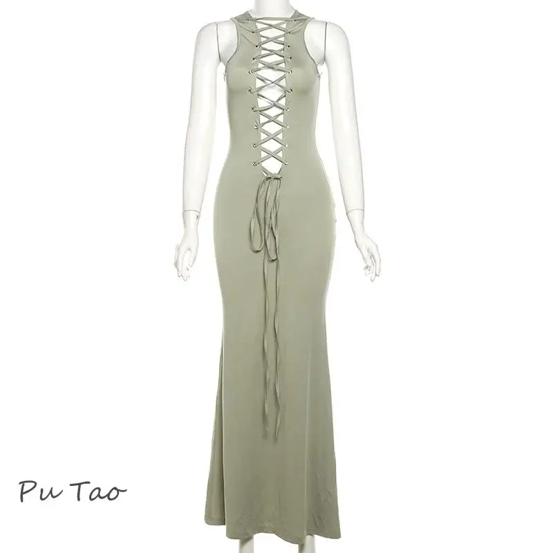 PuTao-vestido de baile sem mangas feminino, com renda, vestido de festa noturno de verão, ajuste fino, cor sólida, casual, sexy, oco