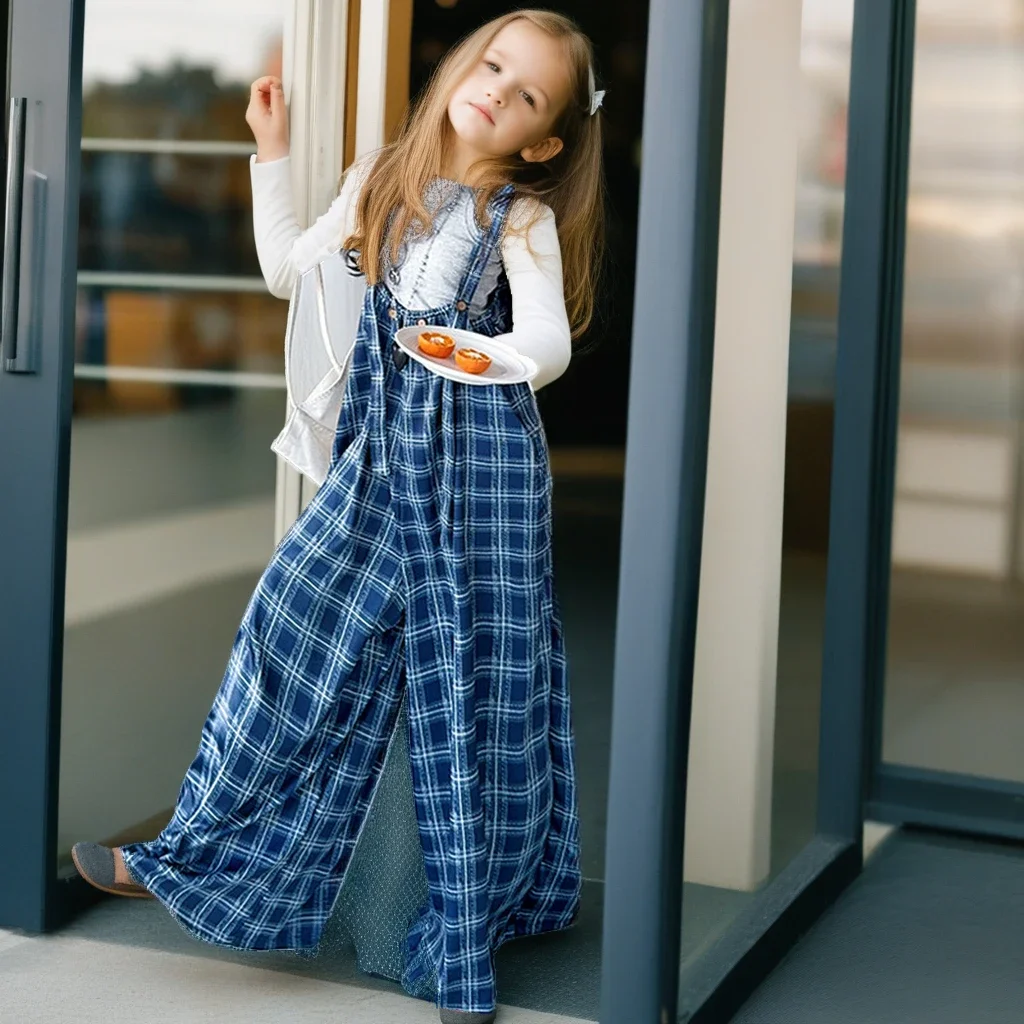 

Kids Chic Comfortable Vacation Casual Wear Teen Children Trousers Girls Plaid Overalls 2025 Summer Trendy Loose-Fit Jumpsuit