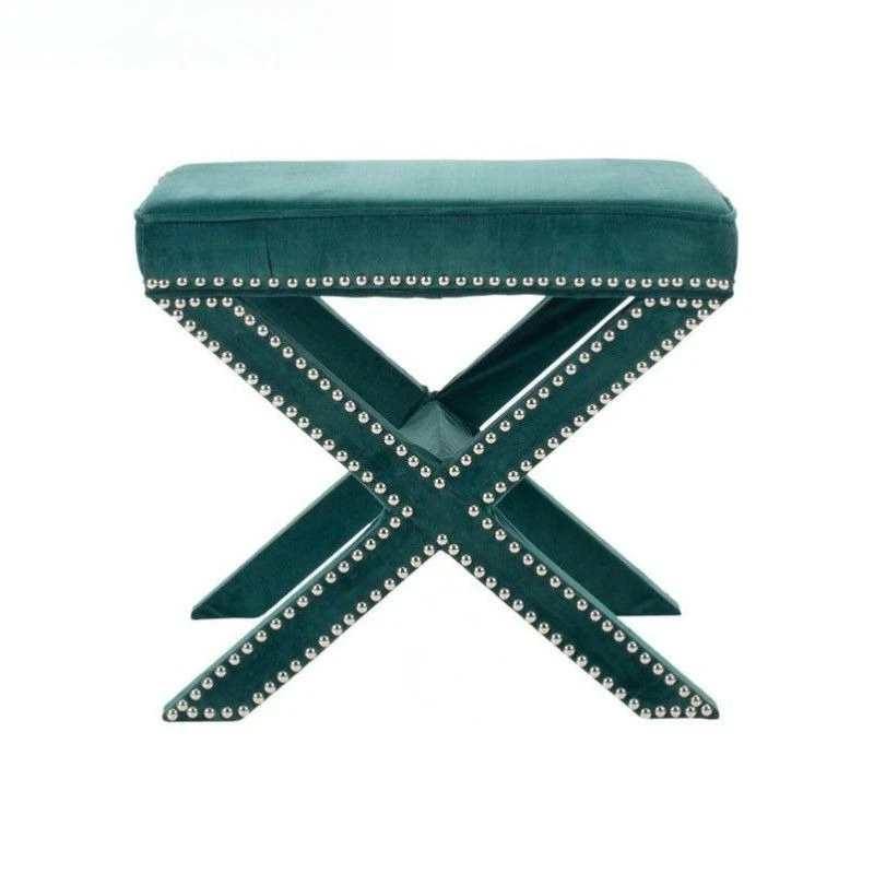 Fabric living room sofa, end of bed makeup dressing Rivet stool Solid wood cotton and linen stool Bedroom American stool