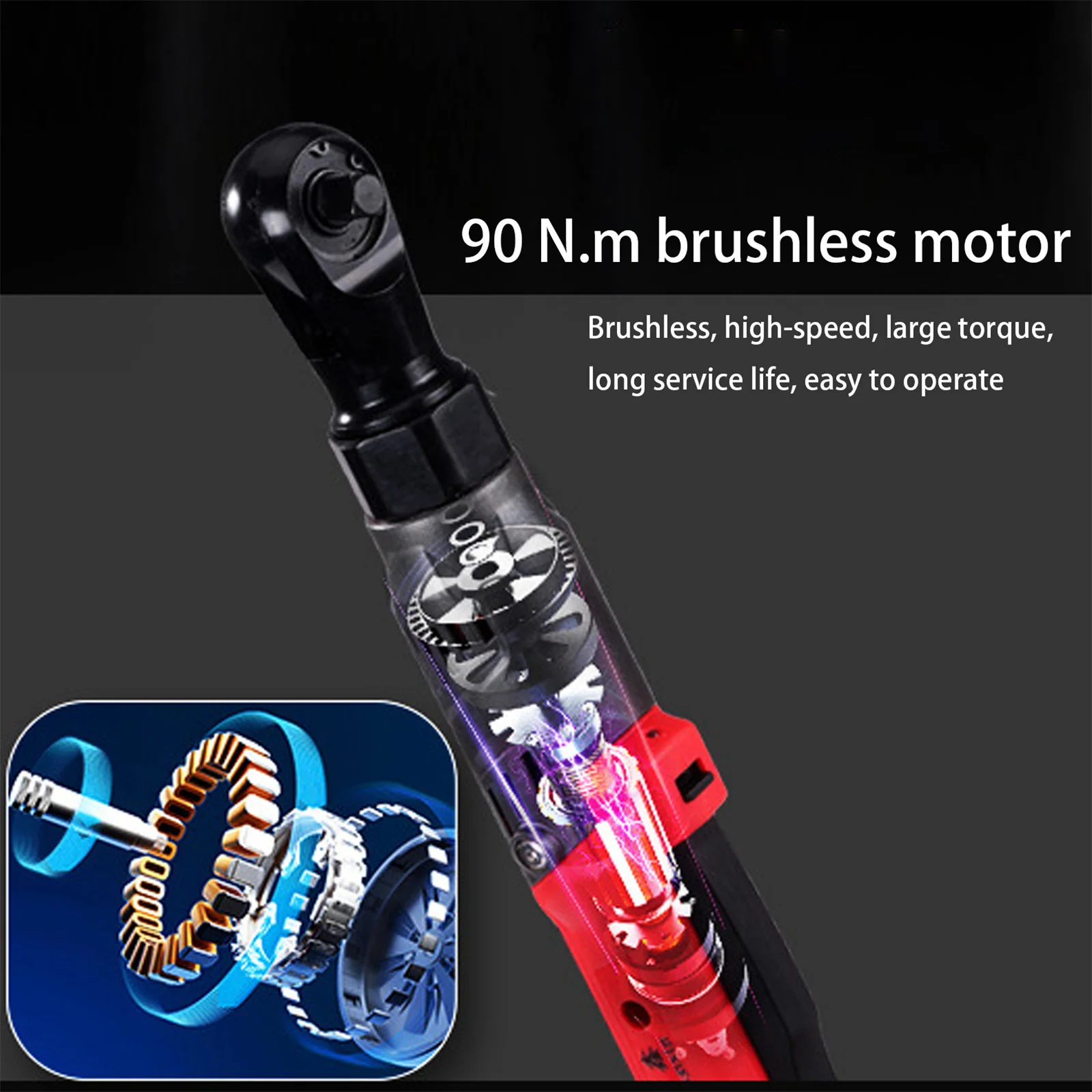 Motor Tanpa Sikat Ratchet Merah 90N.m Dua Daya Satu Pengisi Daya 2 Baterai 2,0a Casing Plastik 1/2 Inci