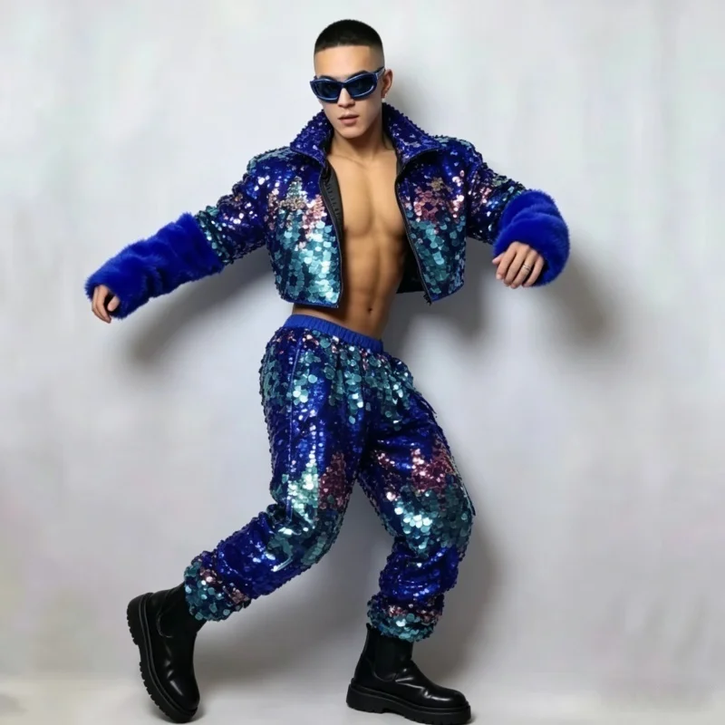 Men's Blue Sequin 2-Piece Set Jacket And Pants Hip Hop Jazz Performance Costume Street Dance Teams Nightclub Club Stage Outfit