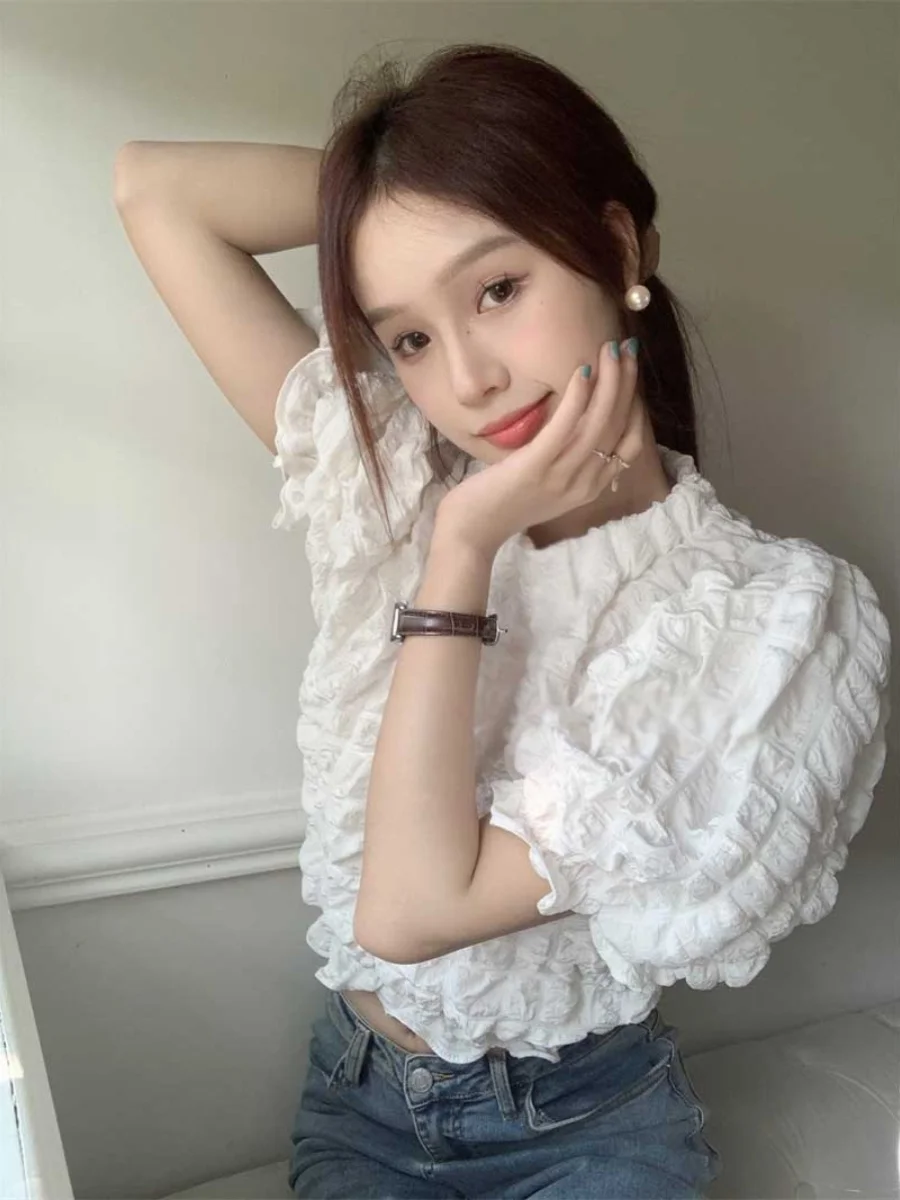 Modny Teksturowany Top Damski z Wysokim Stanem, Letni Top typu Bubble, Dopasowany Krój, Idealny do Dojazdów do Pracy