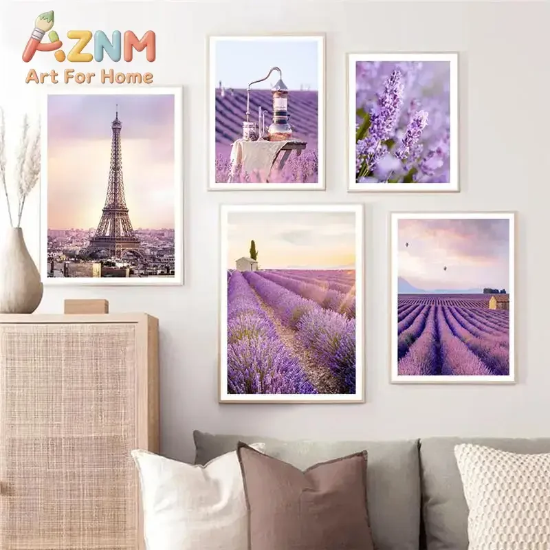 Purple Lilac Lavender Beach Landscape Canvas Painting Bicycle Flower Wall Art Poster Living Room Decoration Home Decor Pictur