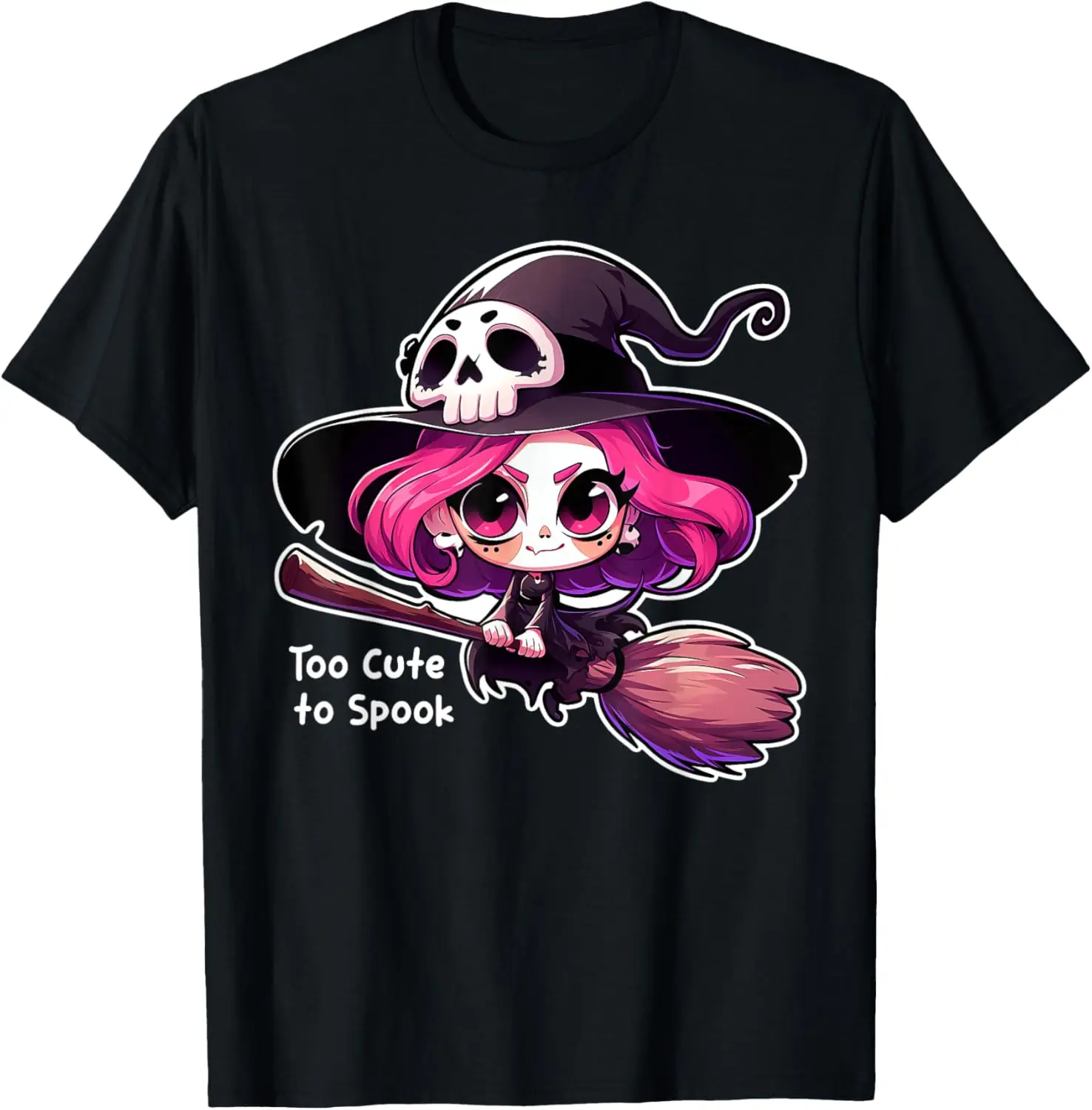 Chibi Anime Cute Witch Skeleton And The Broom: Whimsical T-Shirt