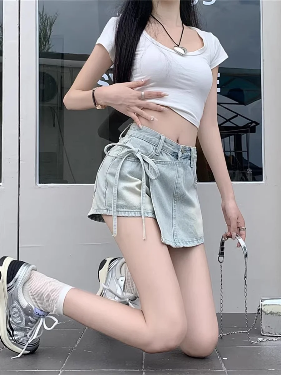 Celana Denim A-Line Pinggang Tinggi Celana Rok Bersabuk Trendi Musim Semi Musim Panas Wanita Jeans Anak Perempuan Pedas Panjang Or Kasual
