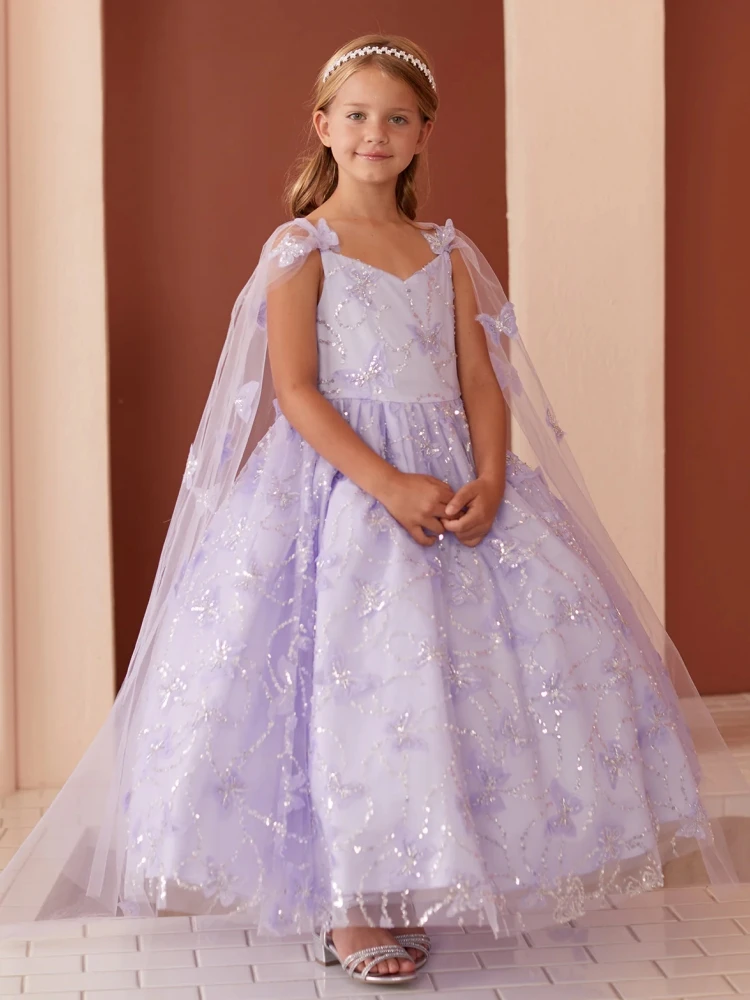 Flower Girl Dresses Purple Sequin Butterfly With Shawl Sleeveless For Wedding Birthday Party Banquet Princess Gowns