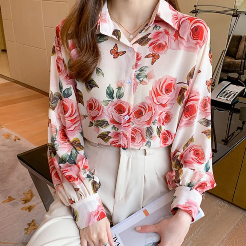 Rose Print Chiffon Blouse Women 2023 Autumn Elegant Lantern Long Sleeve Button Up Shirt Woman Office Wear Korean Loose Work Top