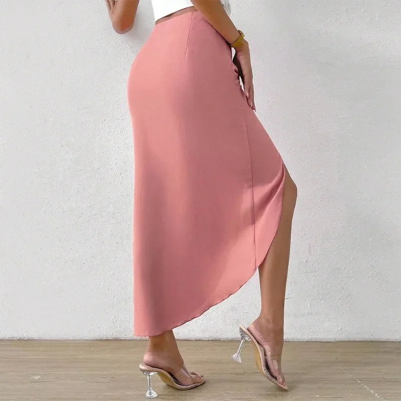 Saias elegantes de quadril enroladas em dobra para mulheres, saia irregular dividida sexy, temperamento pendular, moda rosa, primavera e verão, YSQ30, novo, 2024