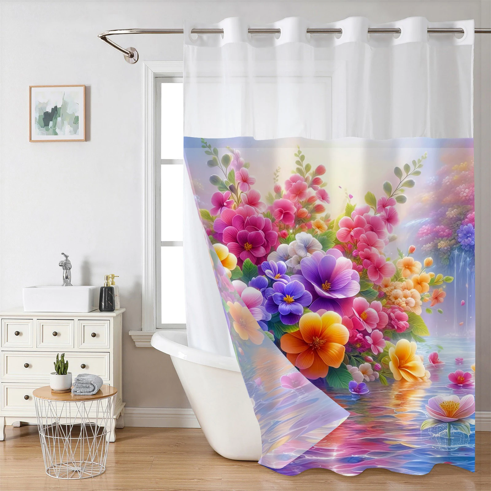 

Занавеска для душа без крючка с цветочным узором и тканевой подкладкой, прозрачное верхнее окно, водонепроницаемая двухслойная занавеска для ванны
