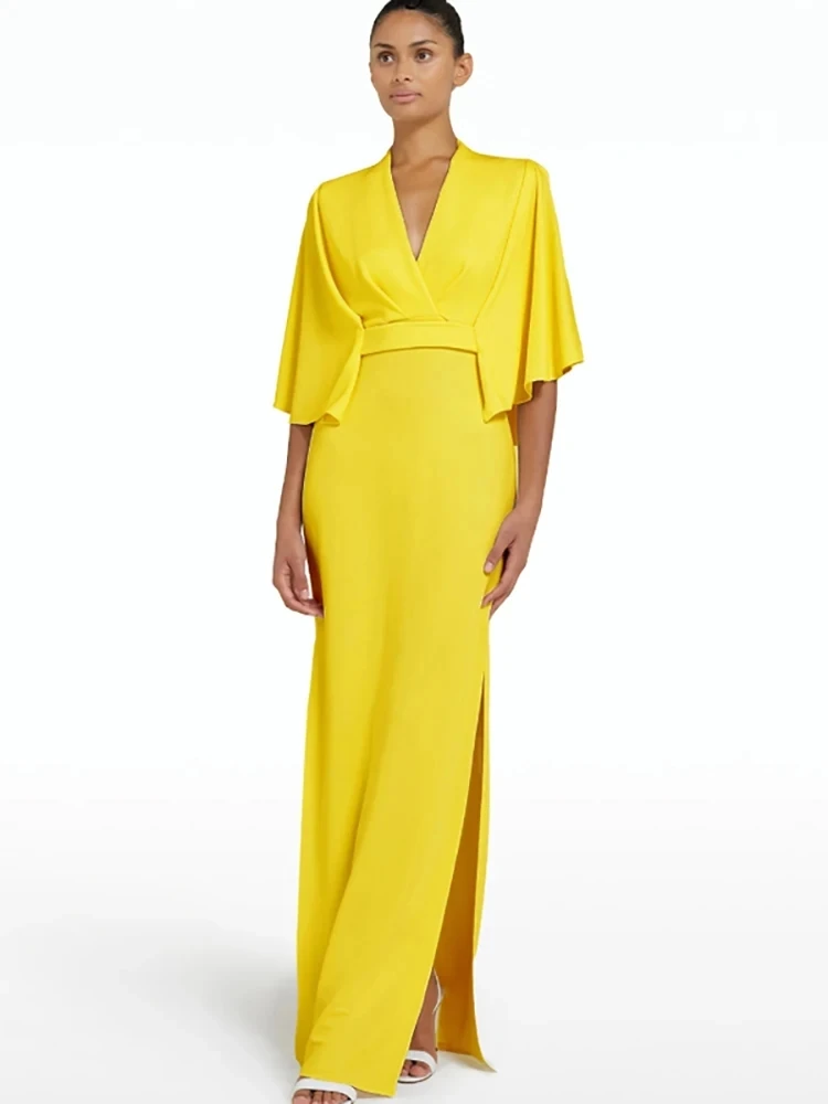 

Romantic Yellow Satin Evening Dress V-neck Half Sleeves Split High Waist Belt Solid Color Elegant Party Dresses Summer 2024 New