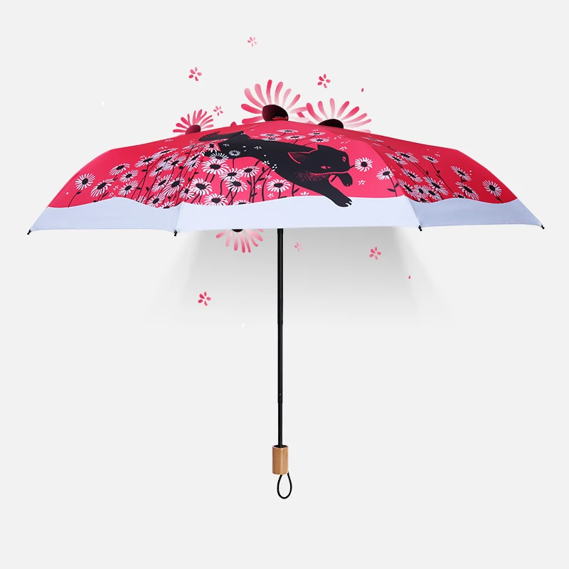 Chrysancreas cat three fold folding umbrella travel cute little fresh black rubber UV protection umbrella for men and women