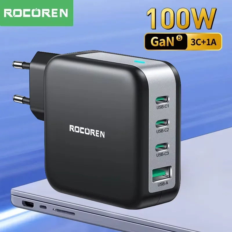 Rocoren 100W GaN-oplader PD QC 4.0 3.0 USB Type C Telefoonoplader Type-C Snel opladen voor iPhone 16 Pro Max Macbook Air Xiaomi 14