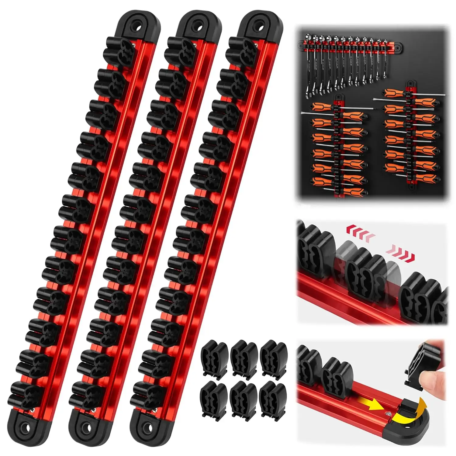3 Piece Magnetic Screwdriver and Wrench Holder 42 Slot Aluminum Rail for Toolbox Drawer or Wall Mount Tools Not Included