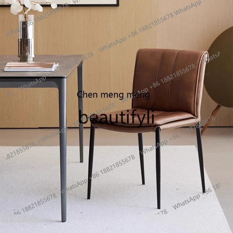 GG Light Luxury Full Leather Backrest Chair Home Restaurant Dining Chair Vintage Style Cowhide Leisure Chair