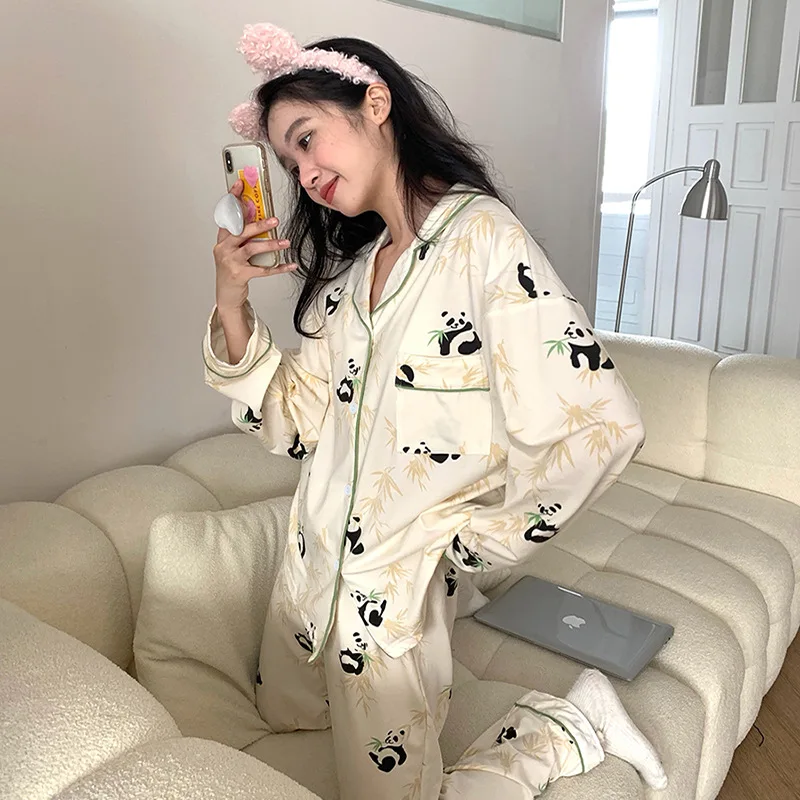 Kawaii Ins Pajamas Women\'s Spring Autumn New Simple Panda Long-sleeved Trousers Girl Loungewear Set Fashion Home Clothing Pijama