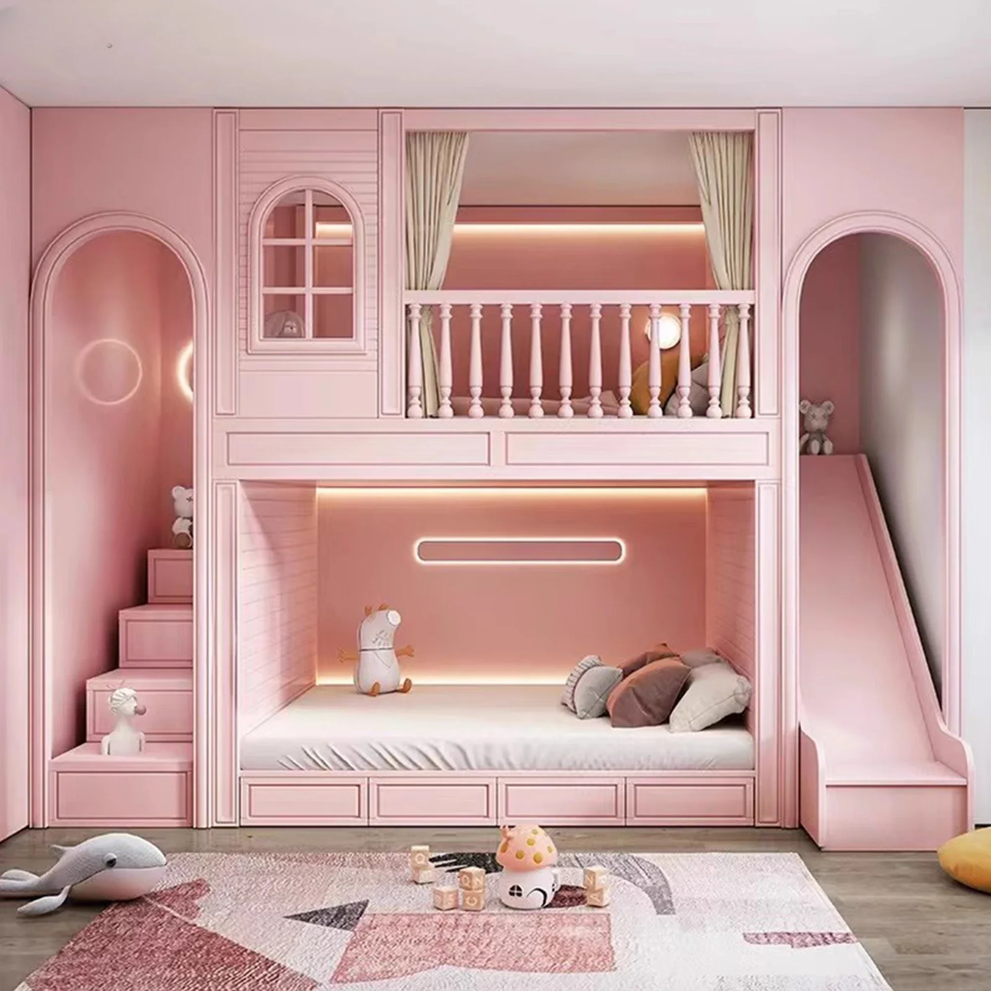 Long - lasting Children room, all-solid wood bed, bunk bed, sister bed, creative tree house bed, slide entertainment bed