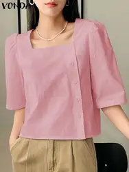 2024 VONDA Women Summer Fashion Blouses Shirts Square Collar Tops Tunic Half Puff Sleeve Casual Solid Color Buttons Loose Blusas