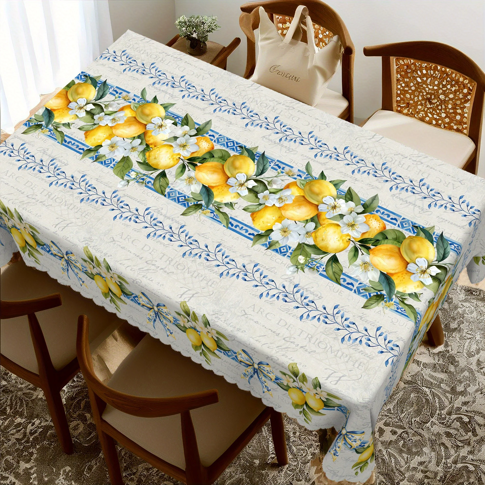 Lemon Floral Blue Bow Rectangle Tablecloth for Table Decor Summer Yellow Lemon Green Leaf Print Table Cloth Holiday Party Decor