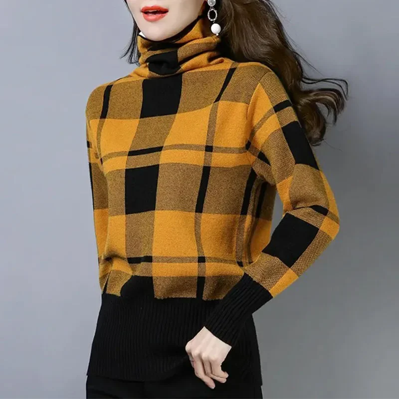 

Кашемировый свитер, осенне-зимний свитер с высоким воротником, женский клетчатый свободный теплый утолщенный базовый топ