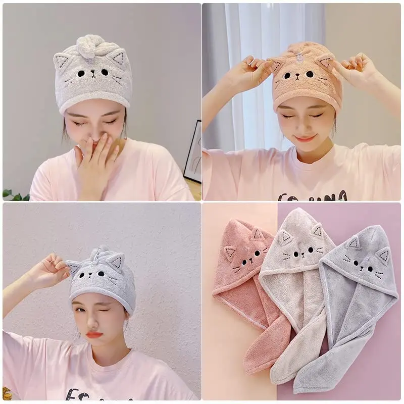 Serviette de cheveux en microcarence chat mignon pour enfants, serviette de séchage des cheveux, turban drôle, torsion, rond, 1 paquet