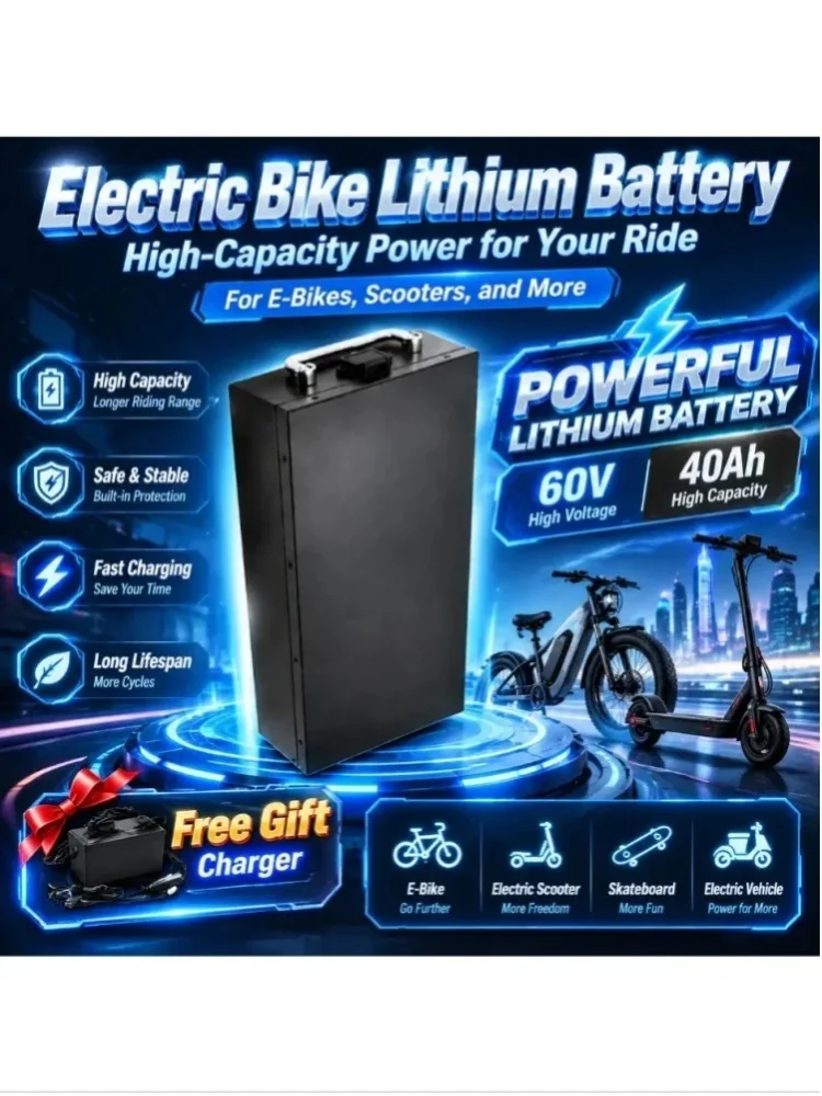 60-V-40-Ah-Lithium-Ionen-Akku für Elektromotorräder, leistungsstarker Akku für 2000-W-Motoren, geeignet für faltbare Citycoco-Elektroscooter im Harley-Stil, wird mit einem passenden Ladegerät