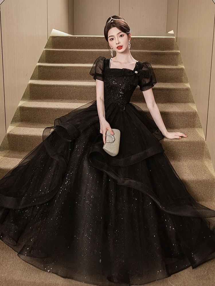 

Ele Bla Evening Gown for Women Princ Sle Wedding Dr with Beads mid Waist Long Skirt ort Sve for Par