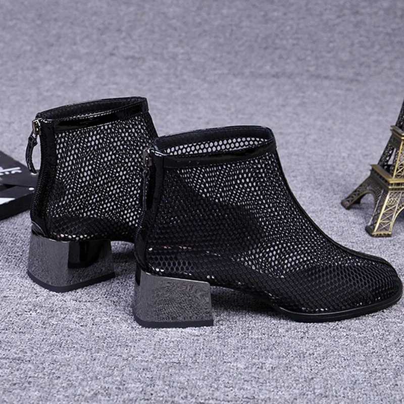 2024 New Summer Ankle Mesh Breathable Shoes Women Cool Hollow Mid-heel Sandals Short Boots Fashion Sexy Ladies Sandals
