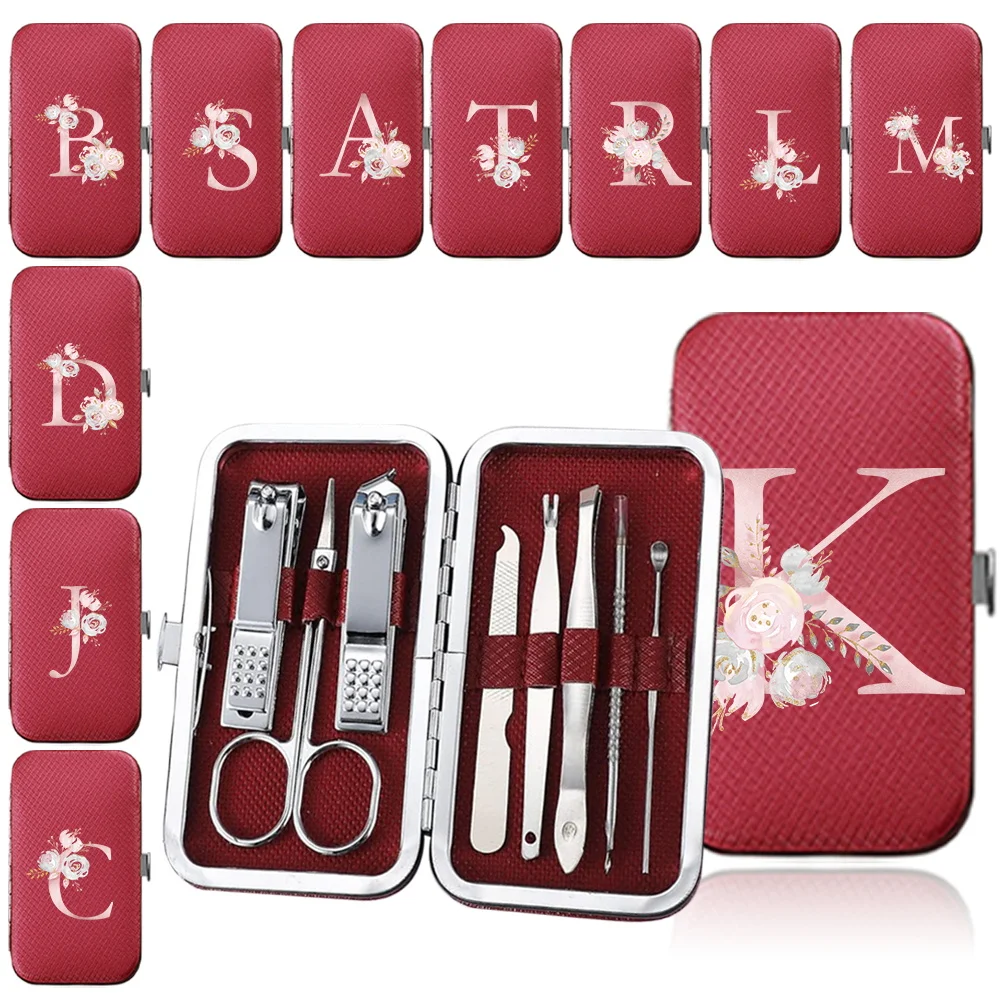 

8Pcs Manicure Set Stainless Steel Nail Clipper Pedicure Care Tool Kit Portable Case Trimmer Organizer Pink Flower Letter Pattern