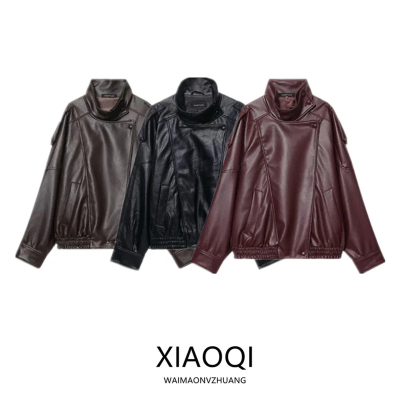 جديد 2025 الخريف المرأة الطيار Jaet جلدية وهمية الوقوف طوق سستة إغلاق ort ملابس خارجية Faion تخفيف Sle فضفاضة تناسب #1